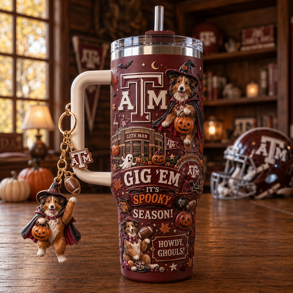 A&M Spooky Season - Maroon Halloween Collage Tumbler - main - mk-1208-1